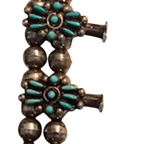 Vintage Squash Blossom Native American Zuni Petit Point Silver Turquoise Neck - Picture 6 of 9